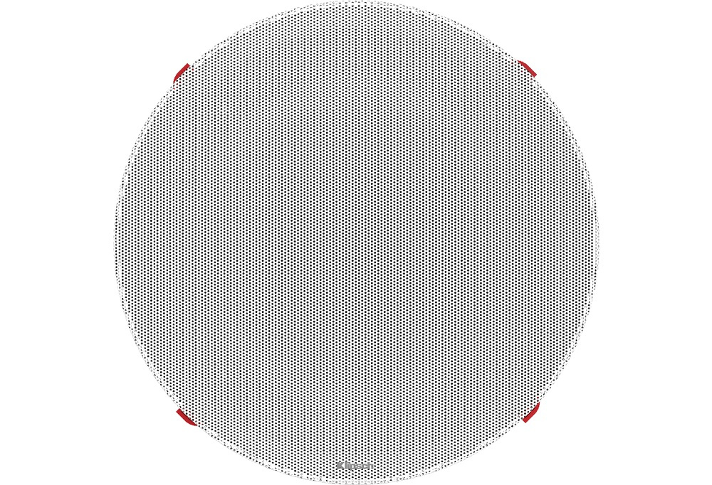 Takhögtalare med oval nätfront och röd fästanordning.
