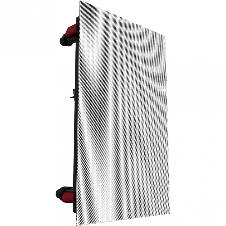 En vägghögtalare med metallgrill och installationsterminaler.