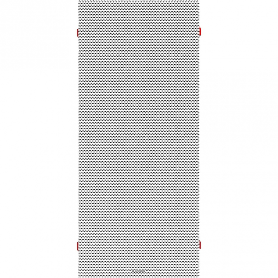 En väggmonterad högtalare med ett vitt galler och röda beslag.