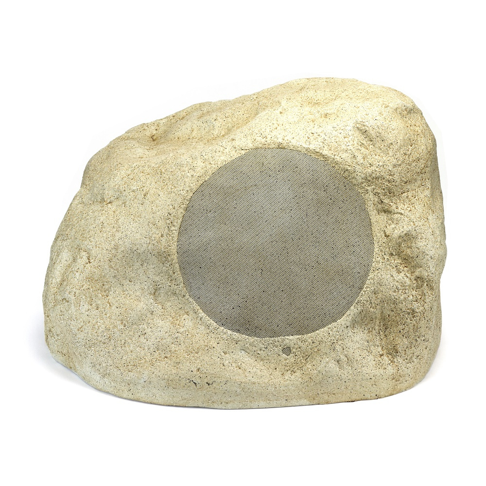 En stenliknande subwoofer i naturmaterial med grå nätfront.