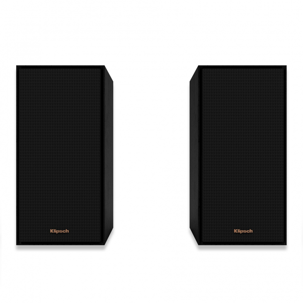 Svarta stativhögtalare med ett rutmönster och Klipsch-logotyp.