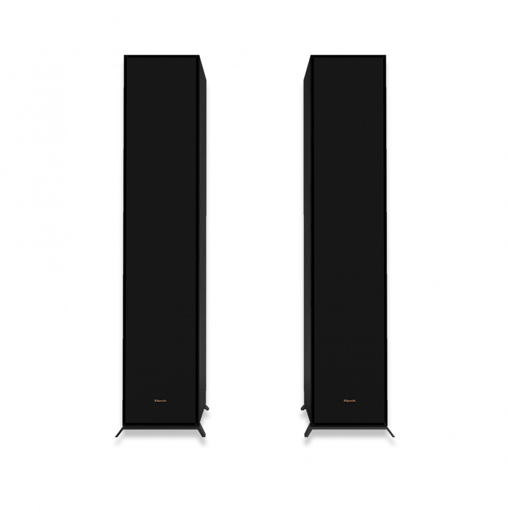 Svart par golvhögtalare Klipsch R-600F, stilren design.