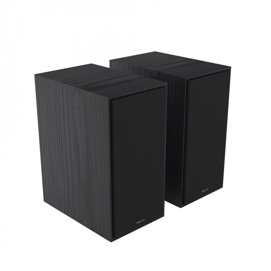 Två svarta stativhögtalare med en enkel och modern design.