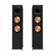 Klipsch R-800F golvhögtalare, svart par Två svarta golvhögtalare med kopparfärgade membran.
