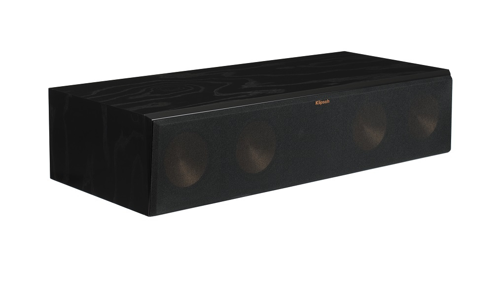 Högtalare i svart träfanér med tre element för centerljud.