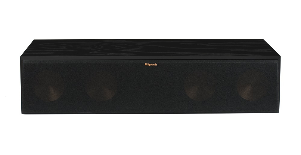 En svart centerhögtalare med tre elementen och äkta träfanér.