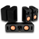 Klipsch Reference Cinema System 5.0.4, högtalarpaket Högtalarpaket med svarta högtalare och kopparfärgade element.