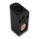 Klipsch Reference Cinema System 5.0.4, högtalarpaket Svart högtalare med en större bas och en diskant, designad för hemmabioupplevelse.
