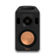 Klipsch Reference Cinema System 5.0.4, högtalarpaket Svart högtalare med en kopparfärgad bas och horndesign för ljudåtergivning.