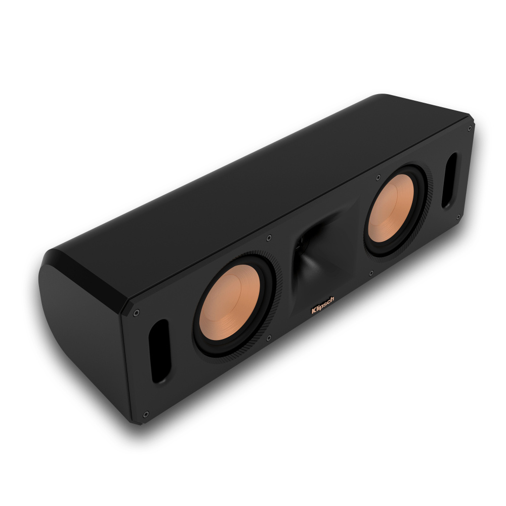 Högtalare med svart finish och gyllene detaljer, designad för hemmabio.