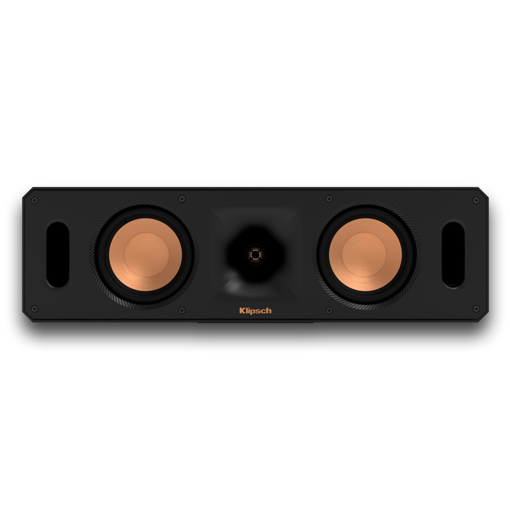 En svart högtalare med kopparfärgade element och Klipsch-logotyp.