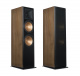 Klipsch RF-7 III golvhögtalare, valnöt Golvhögtalare i valnöt med guld färgade element och svart front.