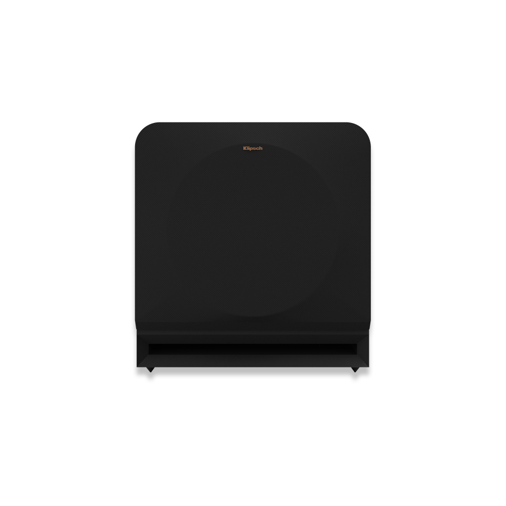 Aktiv subwoofer i svart med en modern, lågprofildesign.