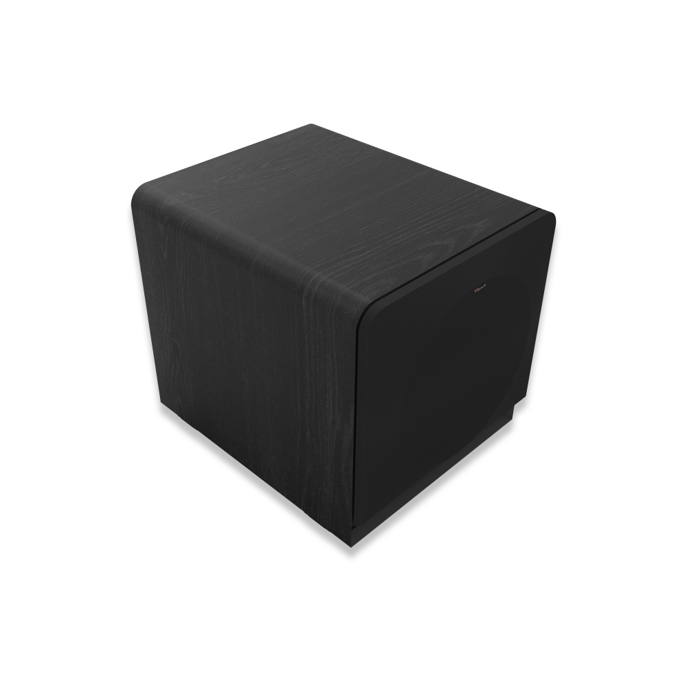 Svart aktiv subwoofer med 14-tums element, fyrkantig design.