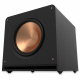 Klipsch RP-1600SW 16\ Svart aktiv subwoofer med en stor, kopparfärgad basdriver.