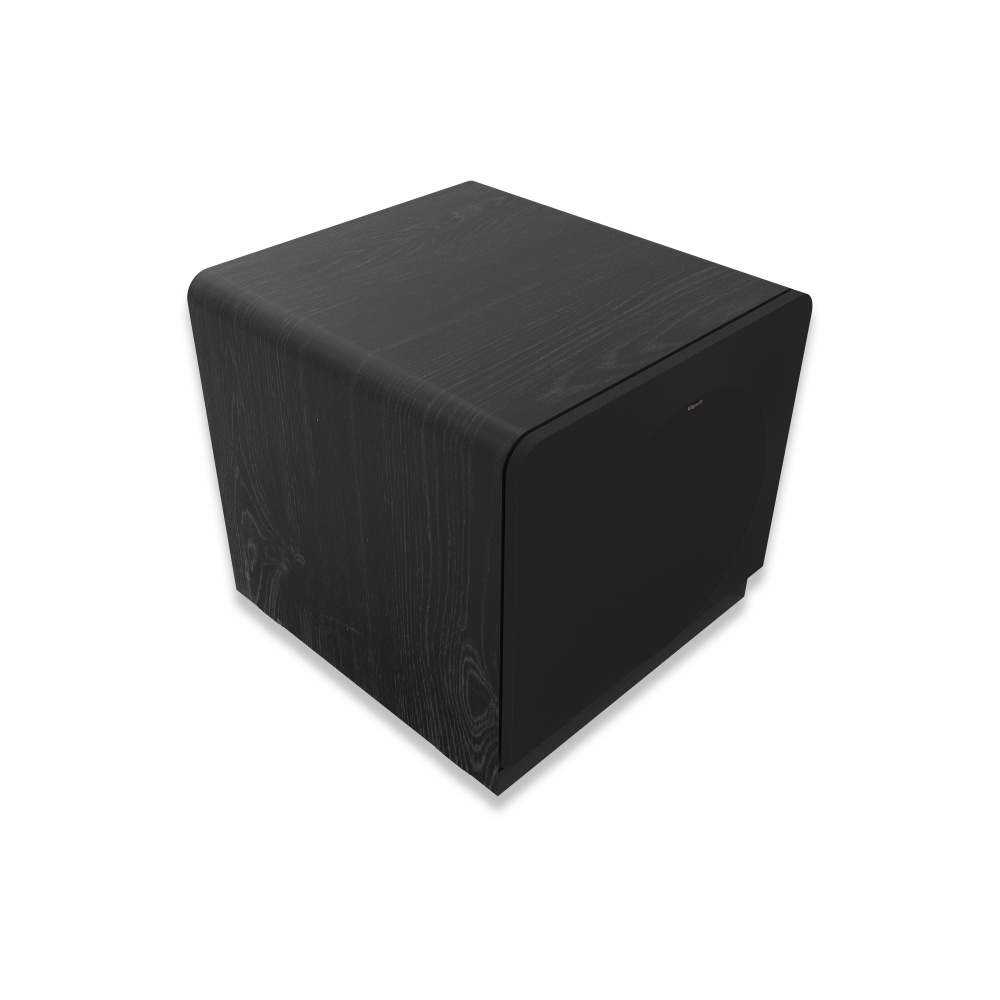 Svart aktiv subwoofer med en 16-tums högtalare och avskalat design.