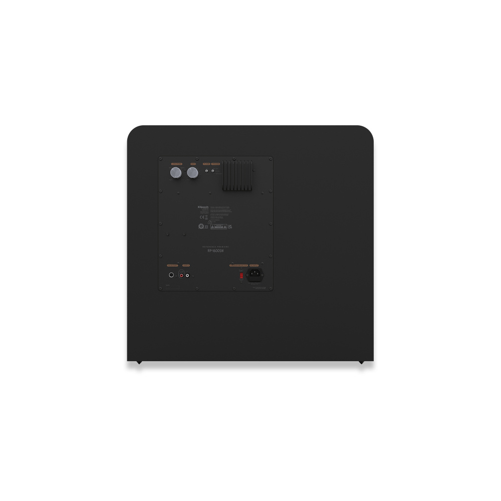 Aktiv subwoofer med bakpanel och anslutningar, svart finish.