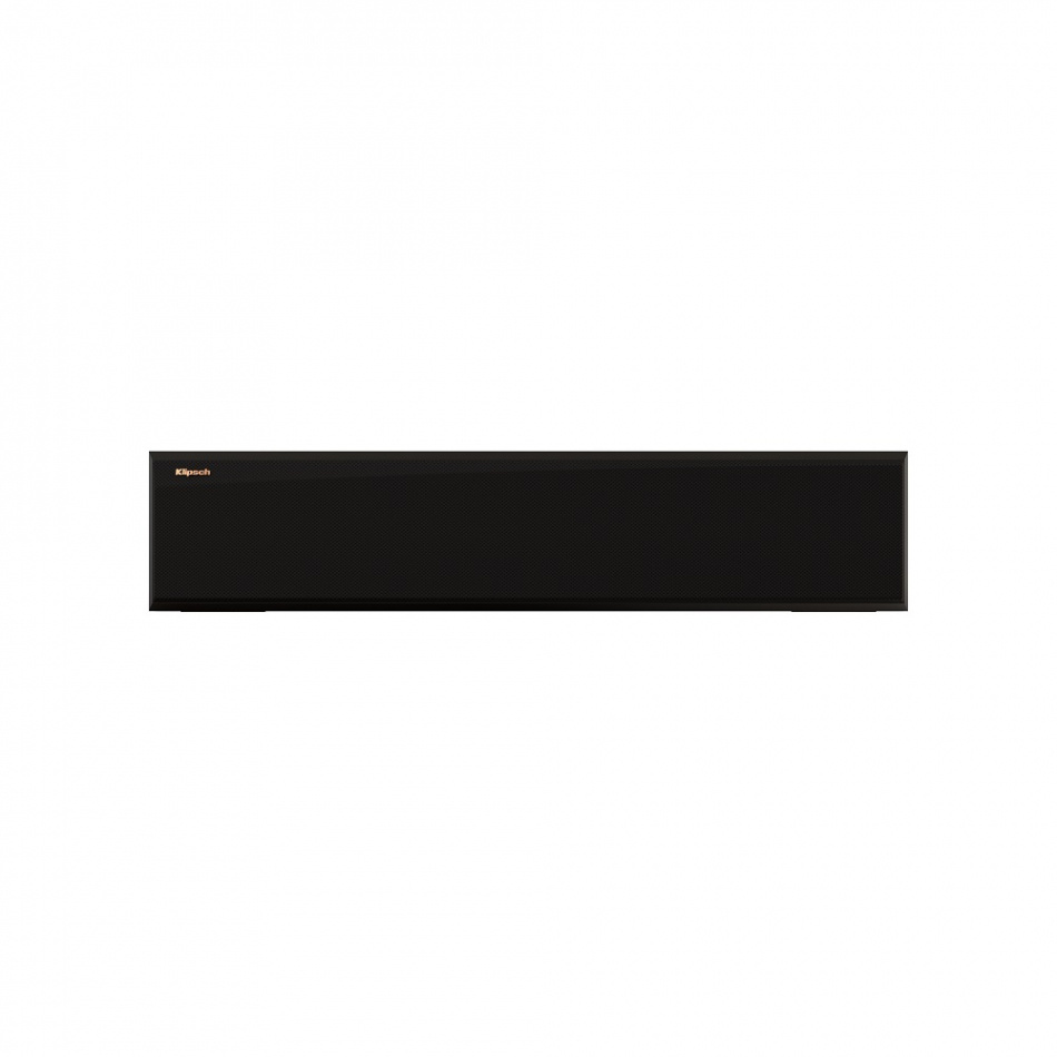 Centerhögtalare i svart med slät yta och diskret design.