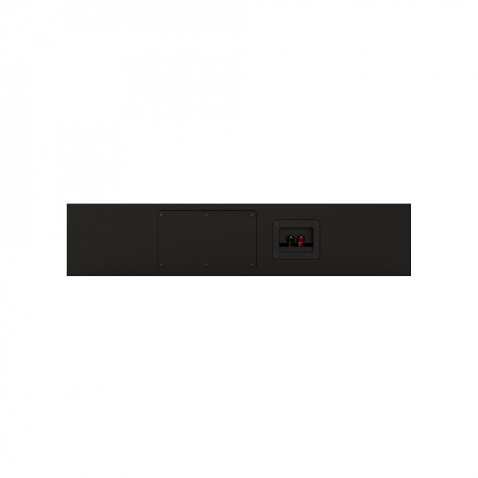 Svart centerhögtalare med anslutningsportar på baksidan.