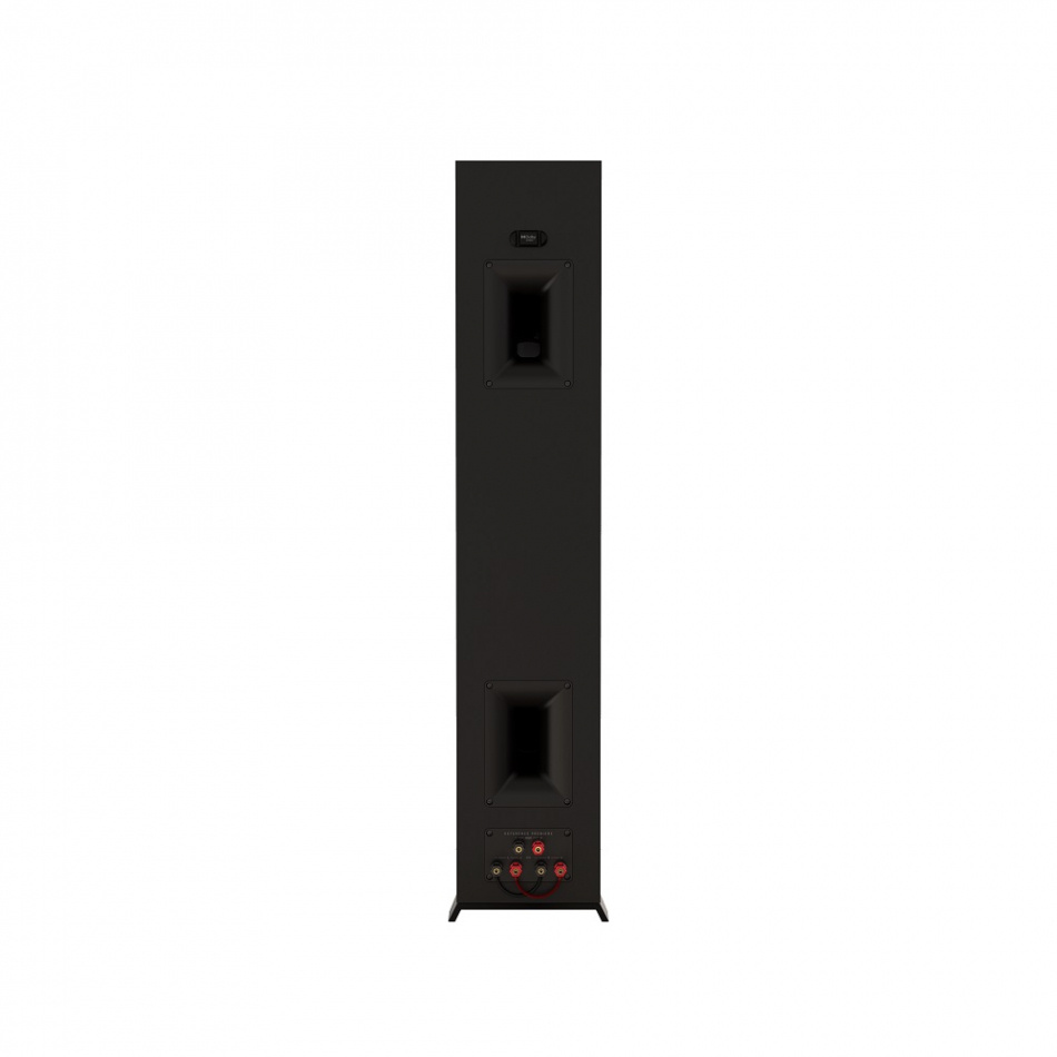 Svart golvhögtalare med två djuptalare och anslutningspanel.