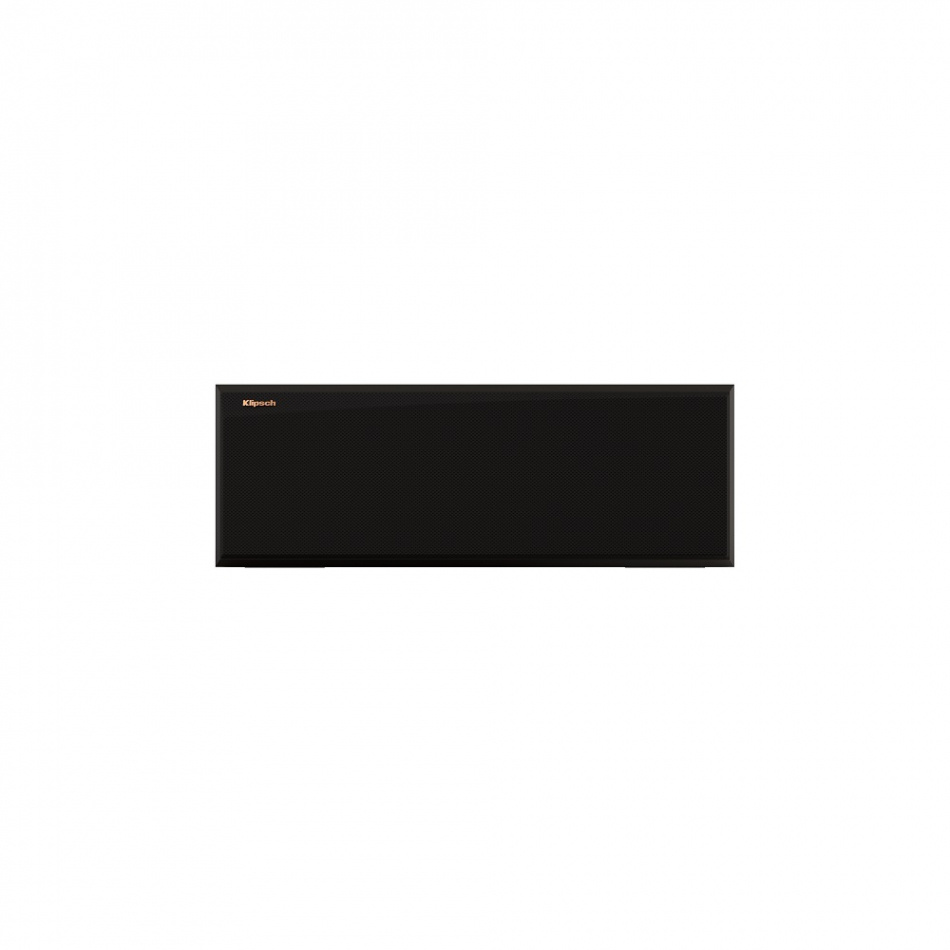 Centerhögtalare i valnöt med svart front och Klipsch-logotyp.