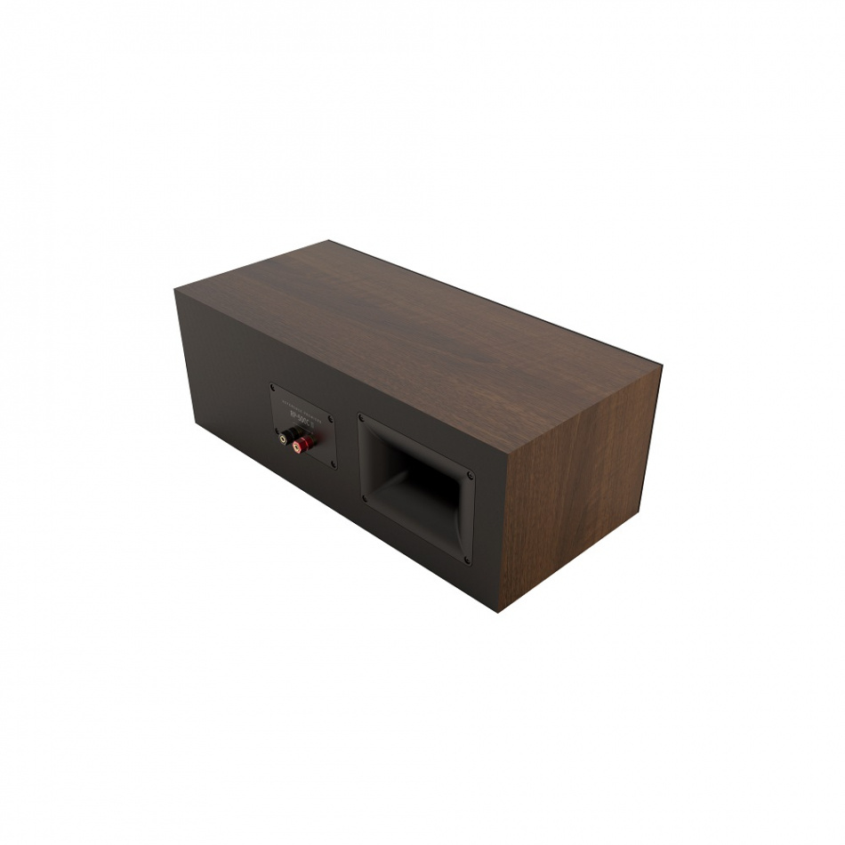 Centerhögtalare med valnötsfinish och bakanslutningar.