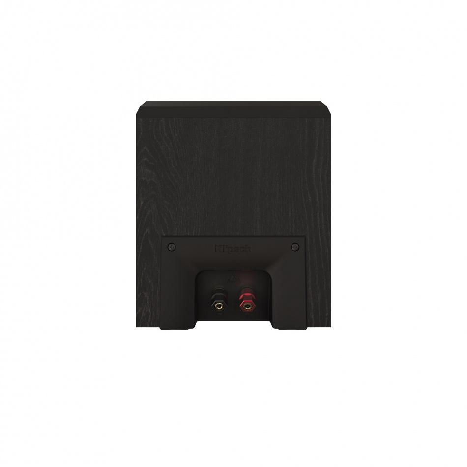 Svart Dolby Atmos-högtalare med anslutningar på baksidan.