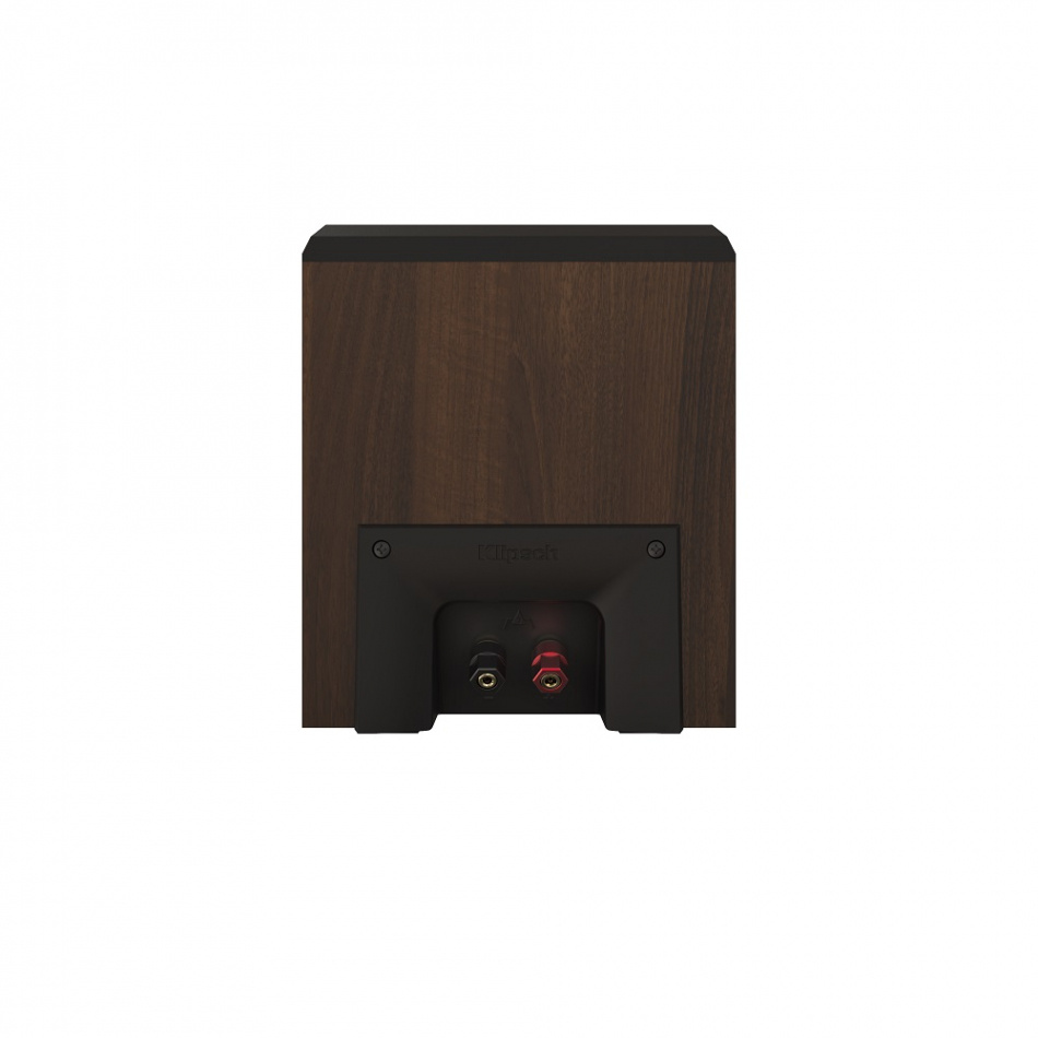 Högtalare med valnötsfinish och anslutningar på baksidan.