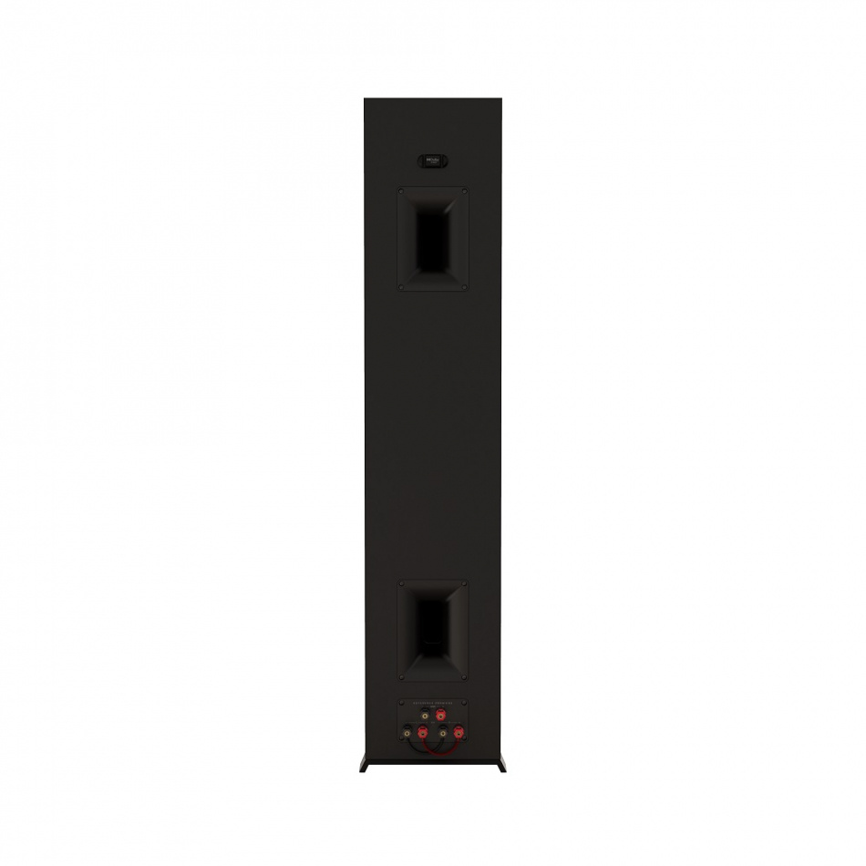 Svart golvhögtalare med dubbel basport och anslutningsmöjligheter.