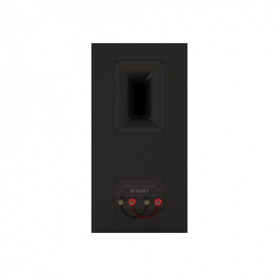 Svart ljudhögtalare med bakpanel och anslutningar.