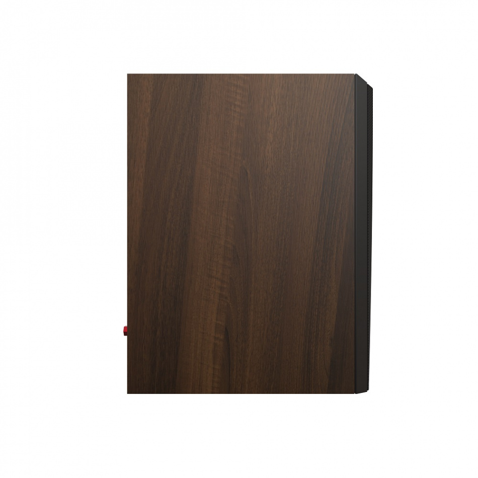 Stativhögtalare i valnötsfinish, modern design och kompakt form.