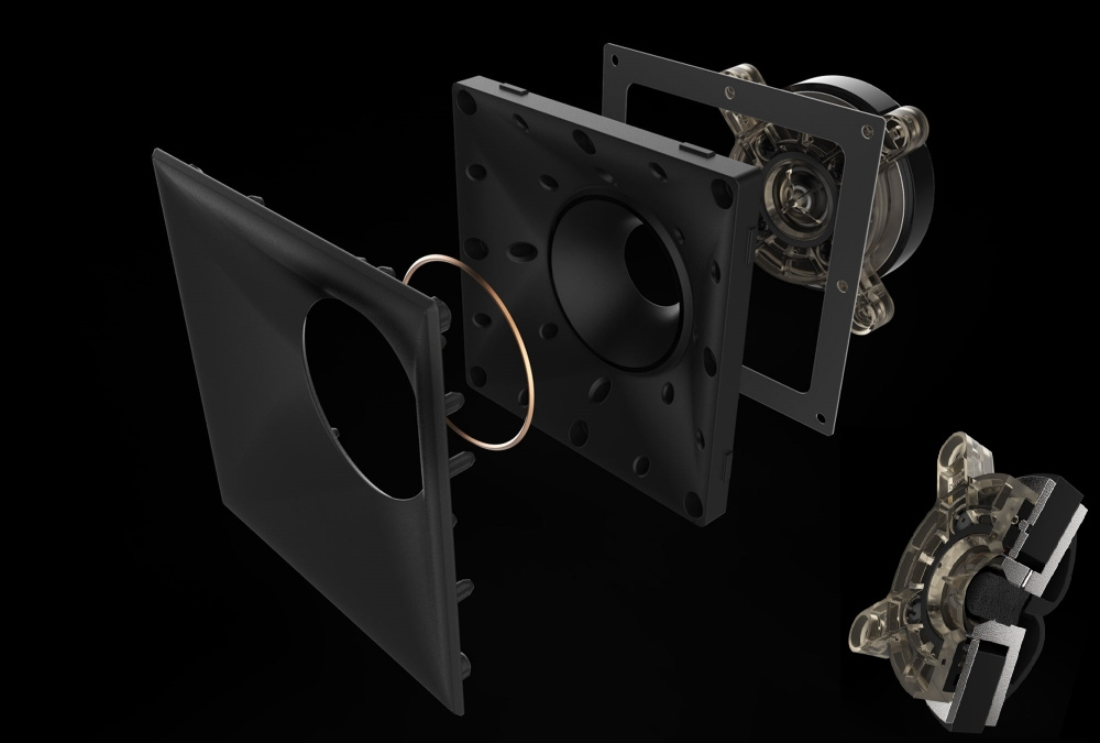 Detaljerad illustration av Klipsch RP-8000F golvhögtalare och dess komponenter.