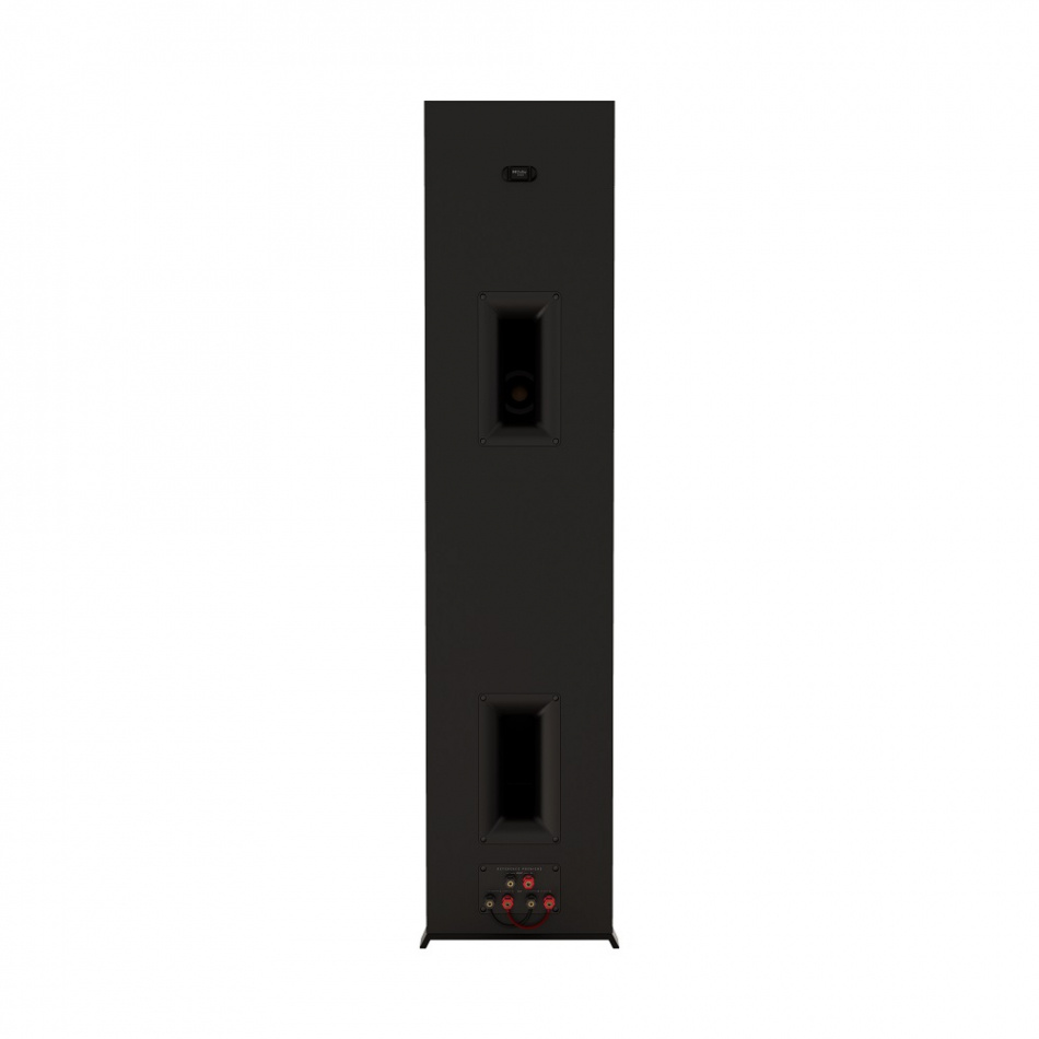 Svart golvhögtalare med dubbel basreflex och kontroller på undersidan.