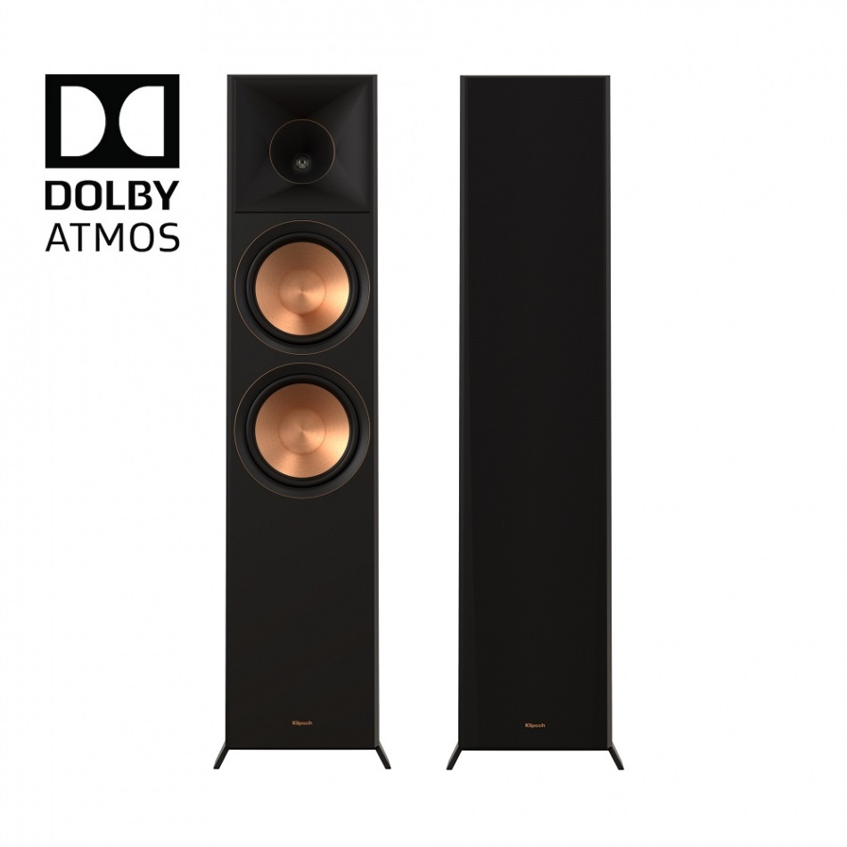 Svart golvhögtalare med Dolby Atmos, guldiga element och modern design.