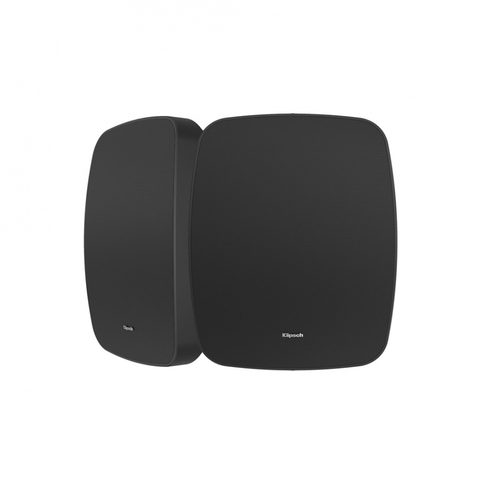 Två svarta utomhushögtalare med fyrkantig design.