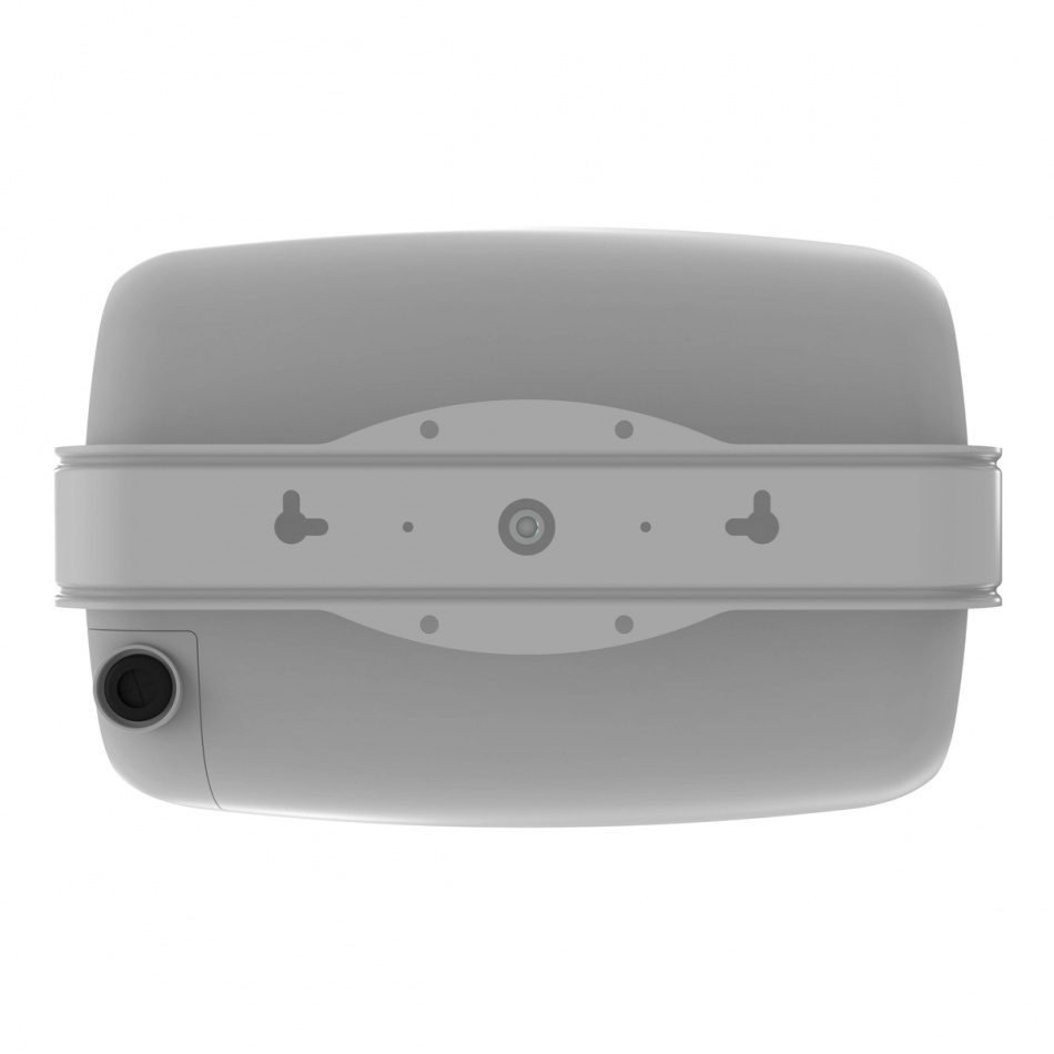 Två vita utomhushögtalare med en rundad design.