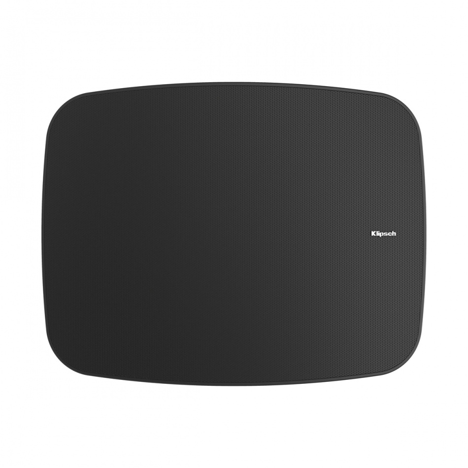 Svart utomhushögtalare med rundad form och nätöverdrag. Klipsch-logotyp.