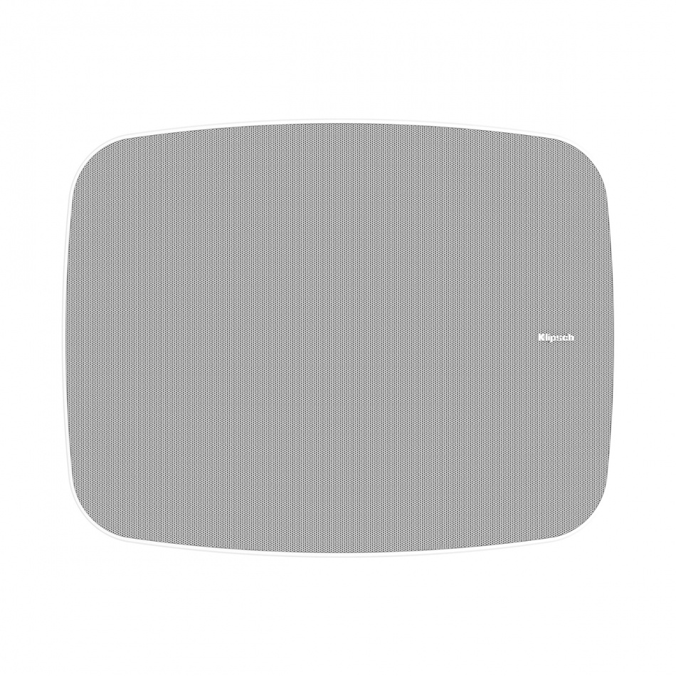 Vitt par av utomhushögtalare med rundad design och grå front.