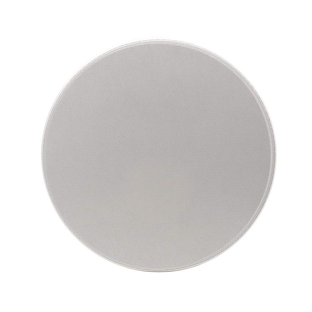 Rund takhögtalare med grått galler, designad för inbyggnad.