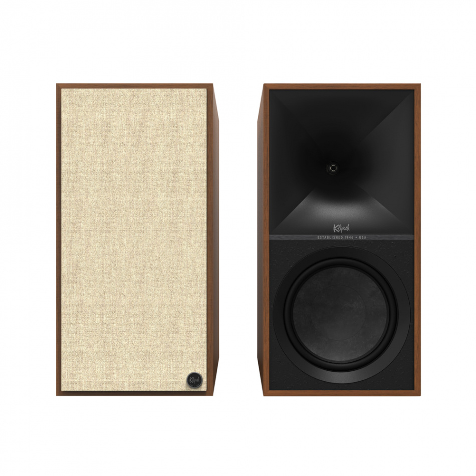 Aktiva stativhögtalare i valnöt med textilfront och svart kon.