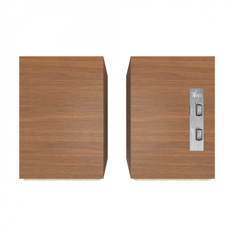 Aktiva stativhögtalare i valnöt med enkel design och kontroller på sidan.