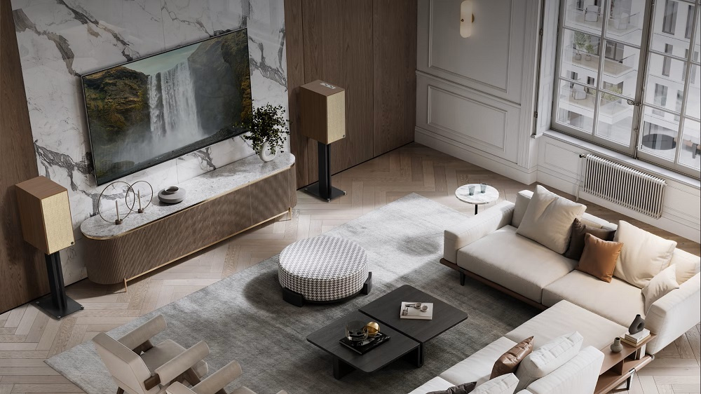 Modernt vardagsrum med Klipsch The Nines högtalare i valnöt.