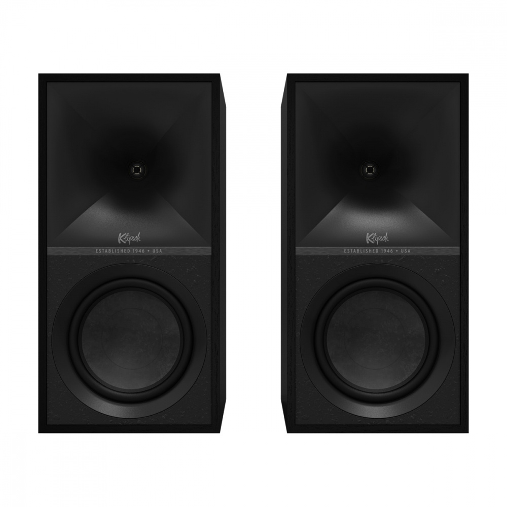 Aktiva stativhögtalare i svart, Klipsch The Sevens, modern design.