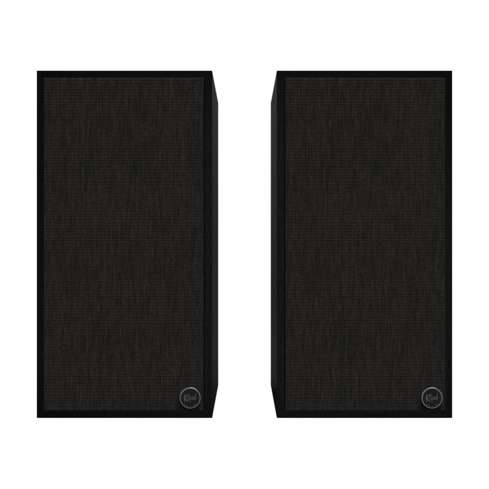 Aktiva stativhögtalare i svart med textilfront.