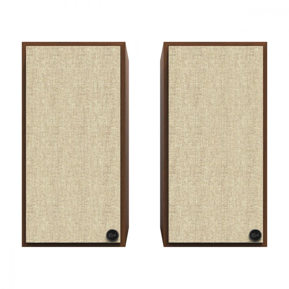 Aktiva stativhögtalare i valnöt med beige front.