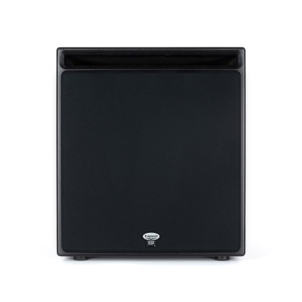 Svart passiv baslåda med ett stort frontgaller och kompakt design.