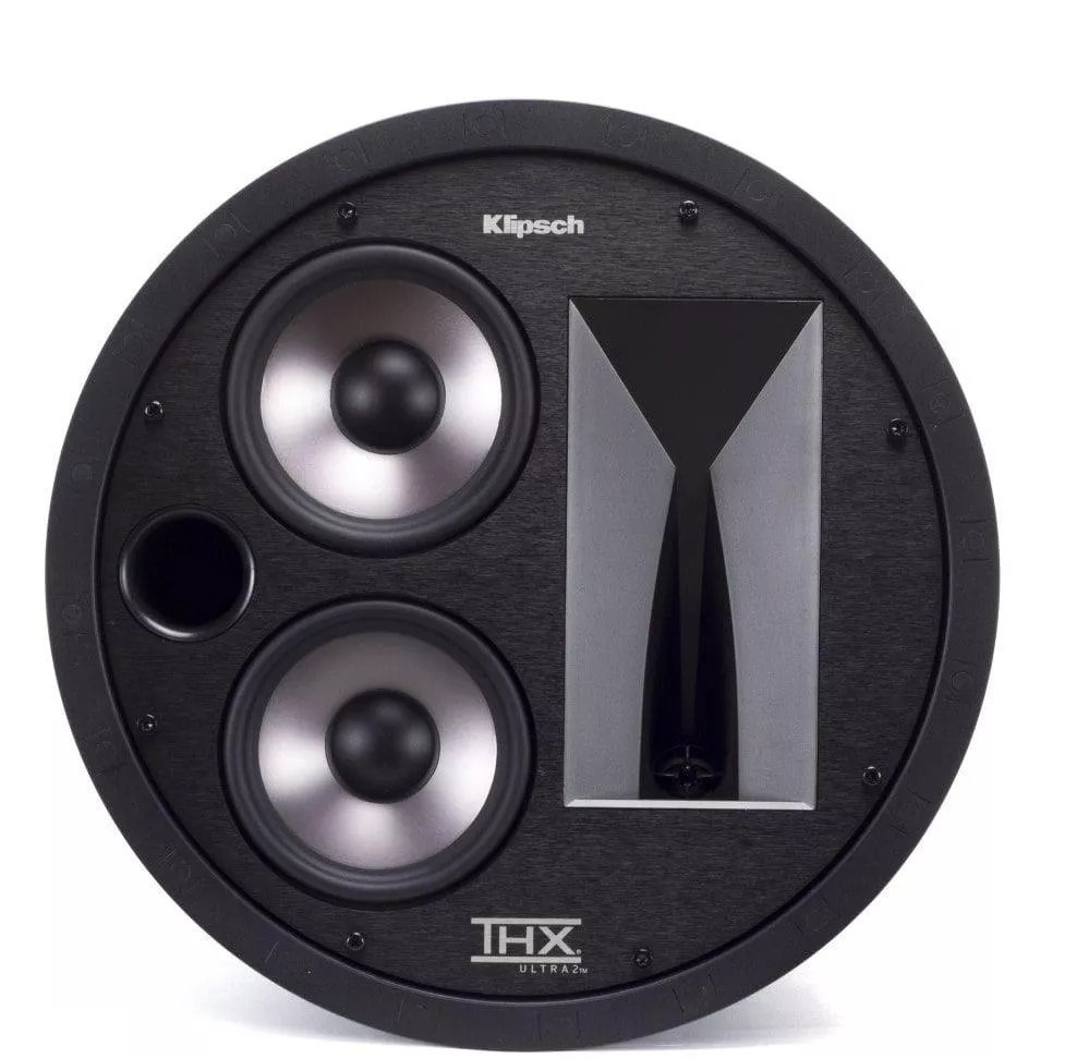 Rund inbyggnadshögtalare med två högtalarelement och en diskant. Klipsch THX-design.