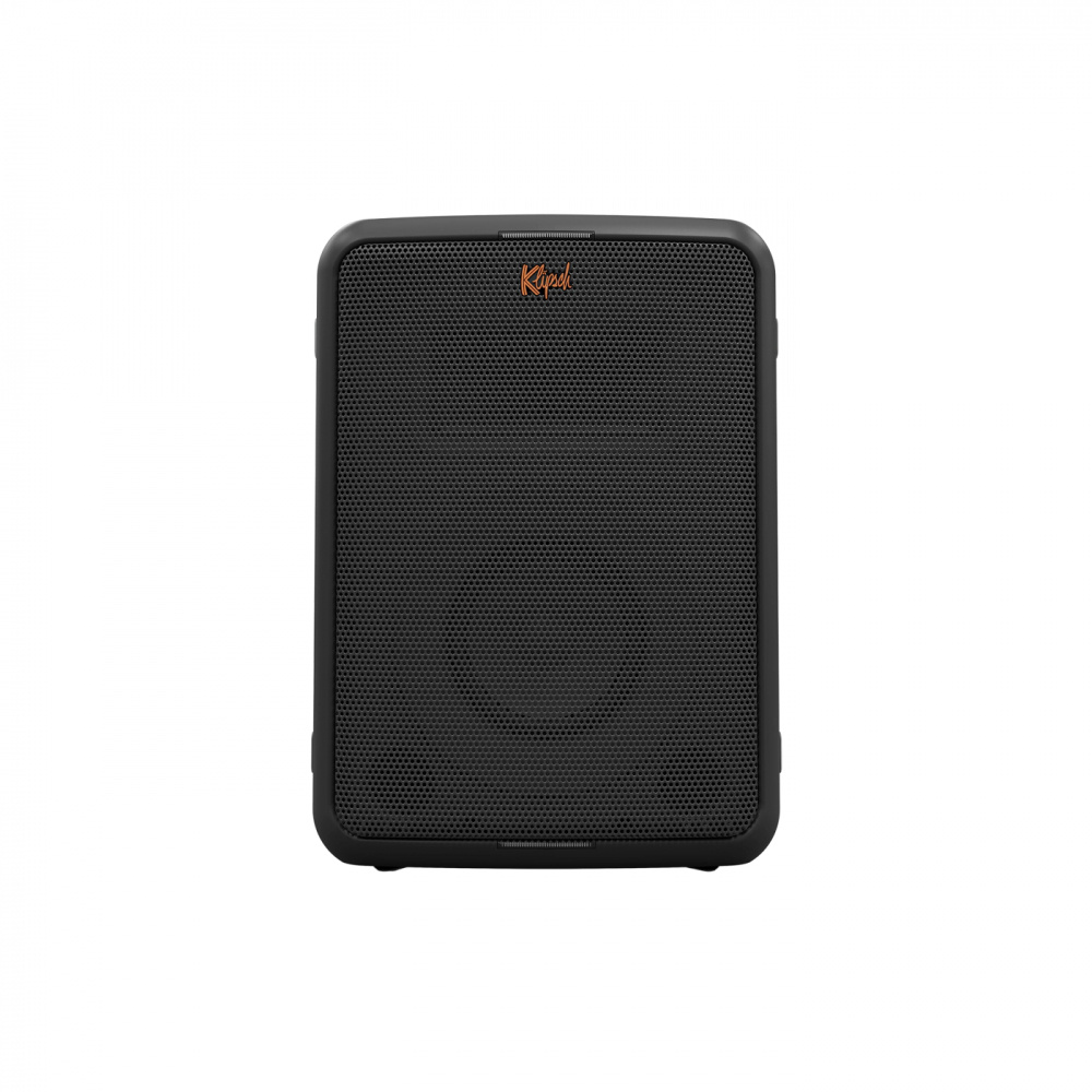 Bärbar svart högtalare med gallerfront och Klipsch-logotyp. Bluetooth och mikrofon.