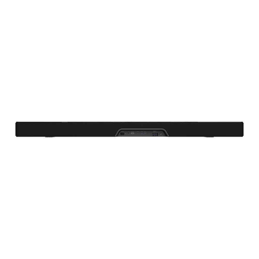 Svart soundbar med slank design, kontroller och display.