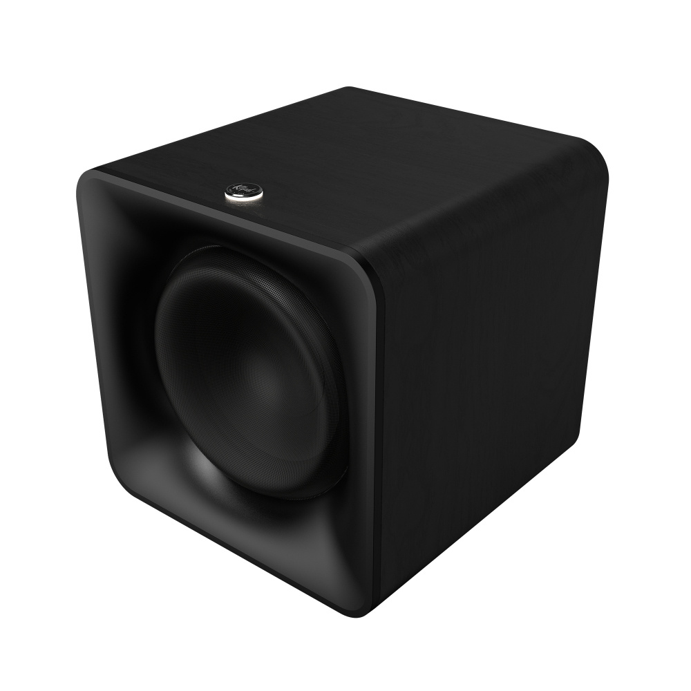Trådlös 10 tums aktiv subwoofer i svart trä med rundad design.